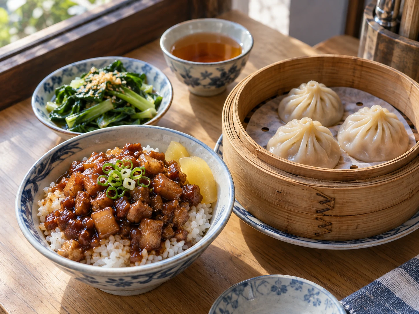台灣風味滷肉飯、小籠包與烏龍茶的美食情境圖