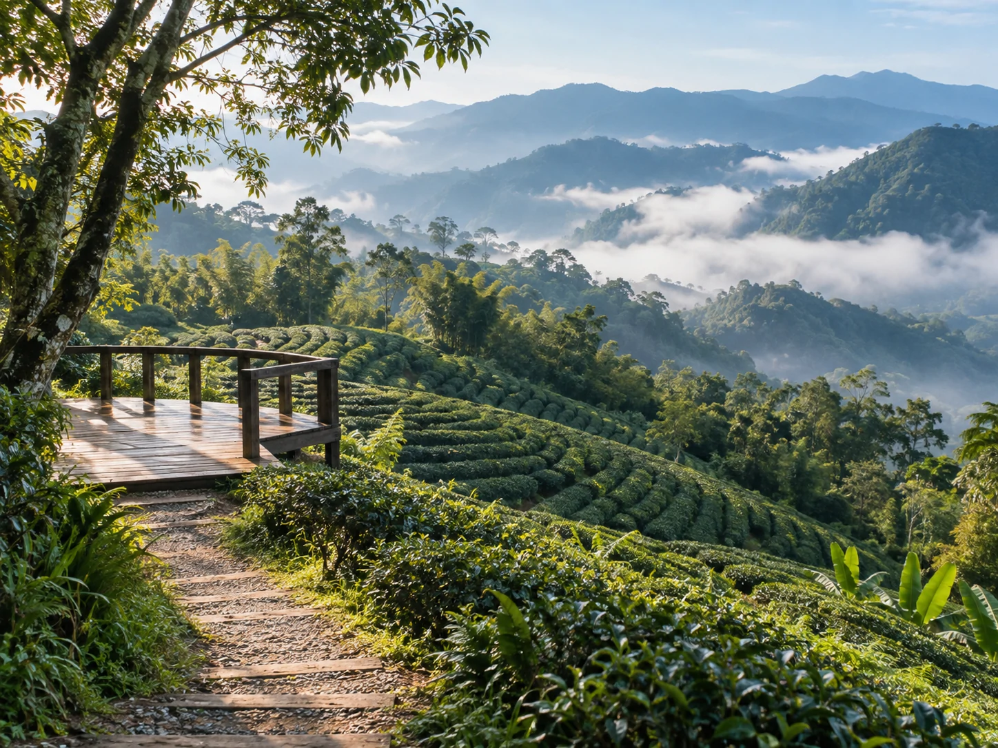 雲霧山巒與茶園步道的台灣山林情境圖